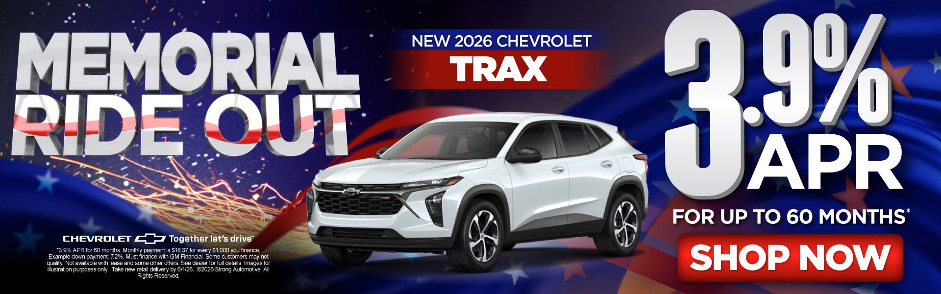 New 2026 Chevrolet Trax 	3.9% APR Financing for up to 60 Mon
